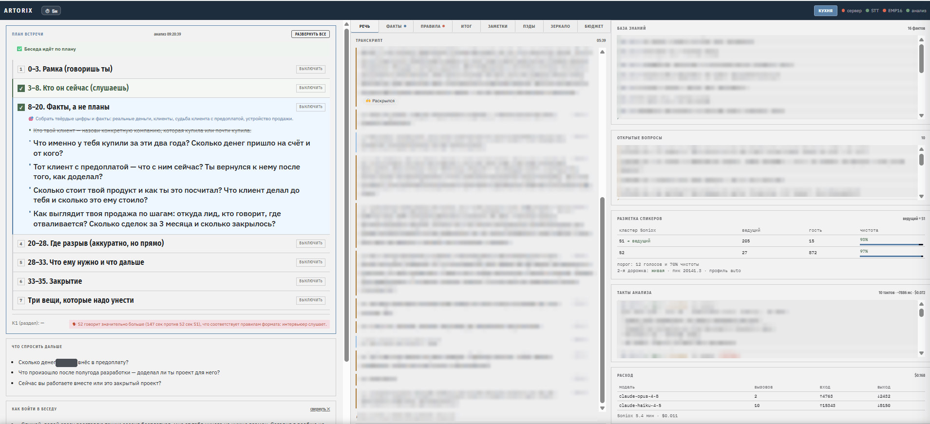 The live meeting screen of Artorix (in Russian). On the left, the meeting plan as a checklist: finished sections ticked, asked questions struck through. In the middle, the transcript with the pad tag “opened up”. On the right, the knowledge base, open questions, speaker labeling, analysis ticks and the cost per model. The other person’s words are blurred.