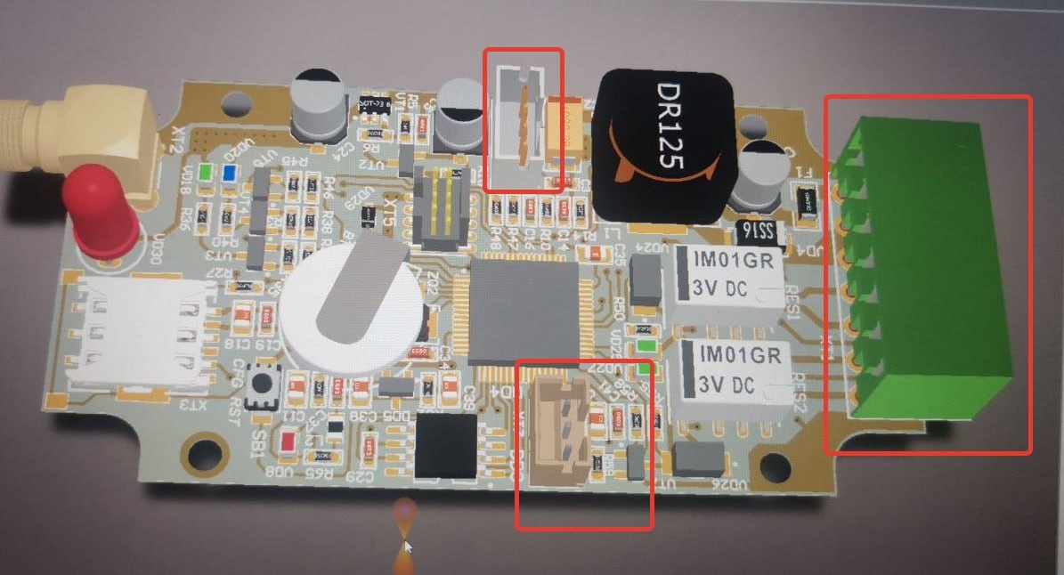 A 3D model of the V6 board: SIM card holder, clock battery, processor, two IM01GR relays, power choke, green terminal block