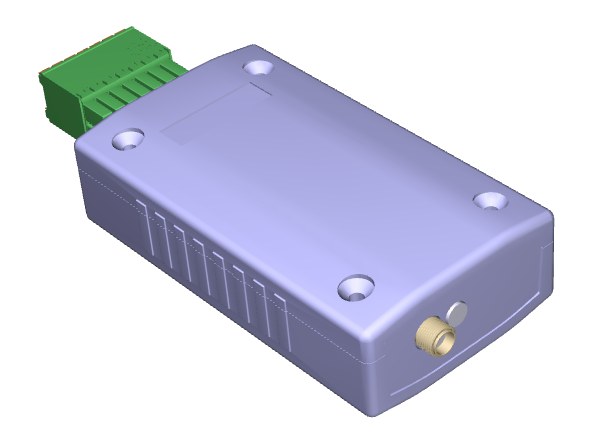 A 3D model of the board in its enclosure: terminal block on one side, SMA antenna connector on the other