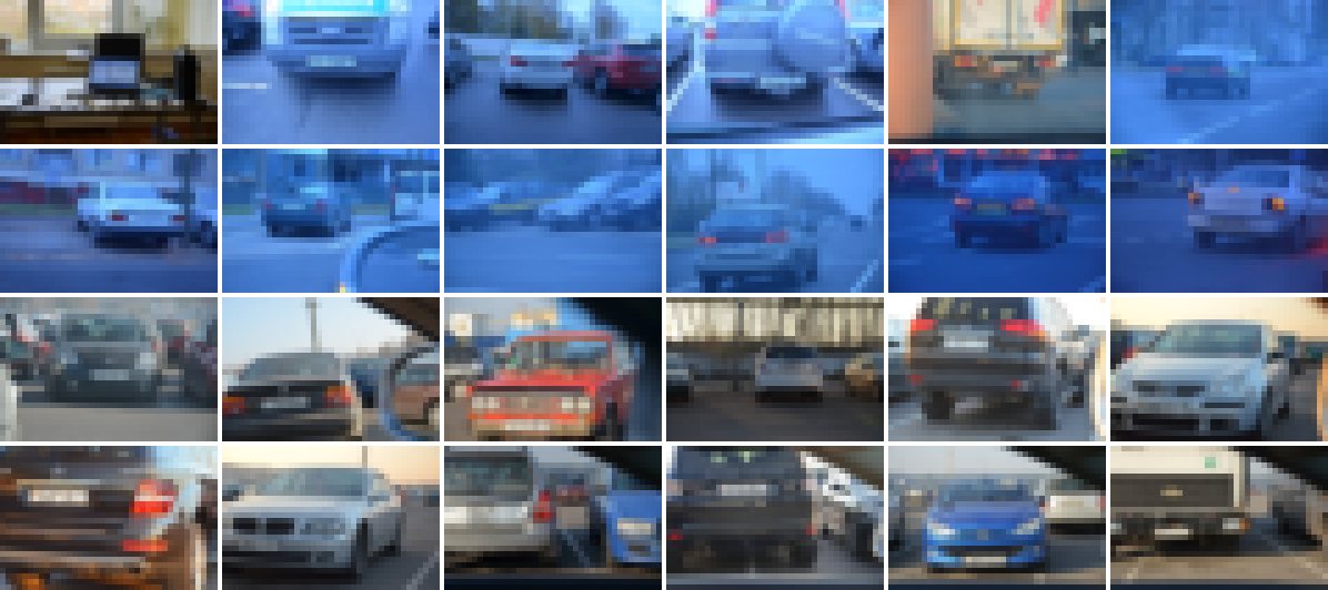 24 small frames from the 2014 dataset: cars in car parks, some shot through the windscreen