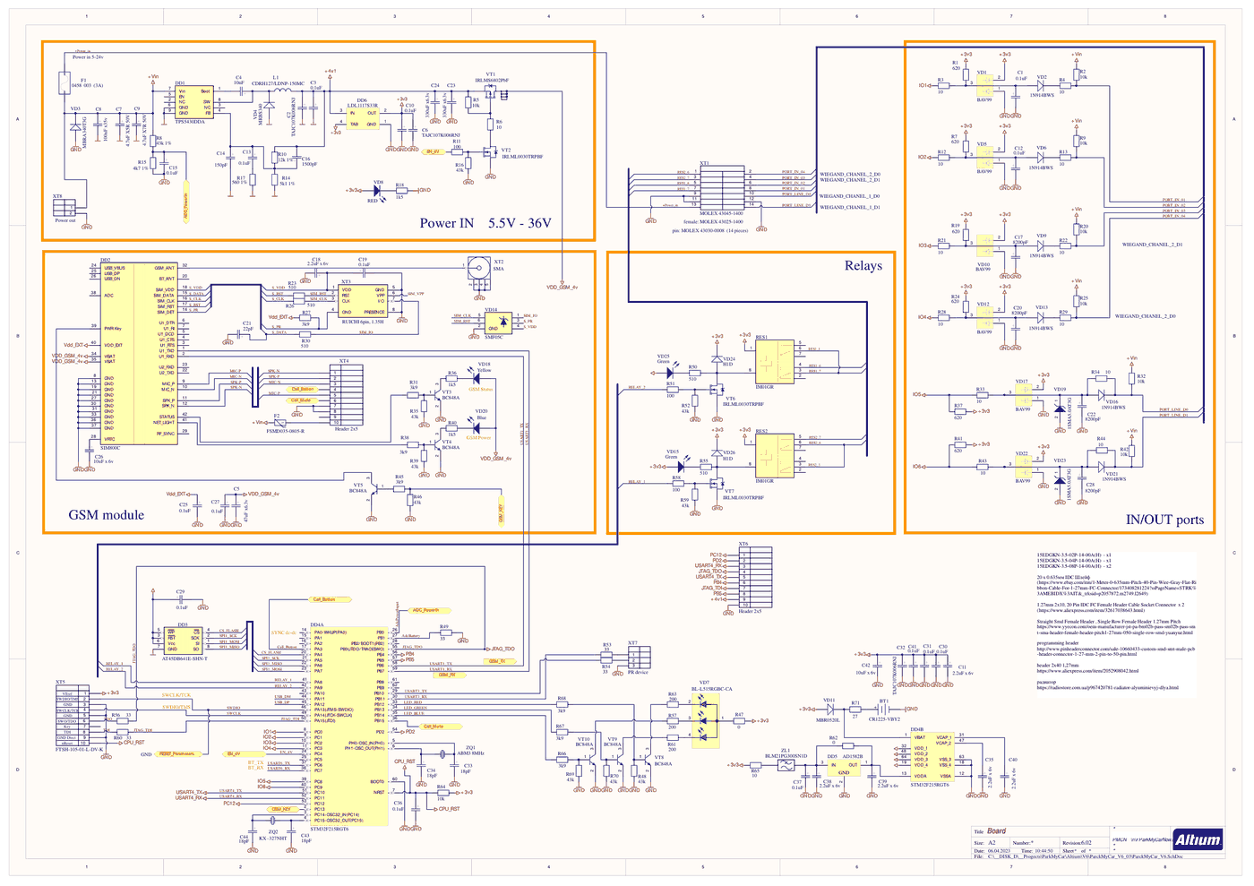 The schematic of the PMCN V6.03 main board: power, GSM module, relays, inputs and outputs, processor